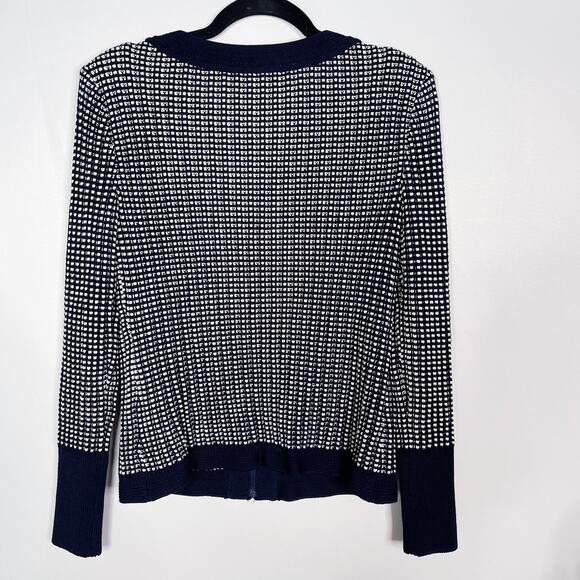 St. John 4 Navy Blue White Textured Knit Cardigan Sweater Zip Front Cotton Wool - Picture 2 of 10